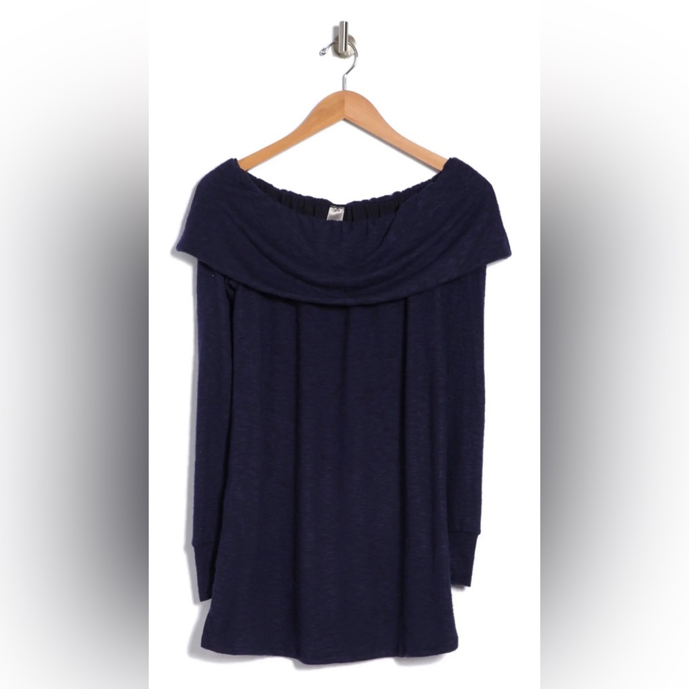 Go Couture Navy Foldover Off-the-Shoulder Tunic Sweater Size Large NWT - Picture 4 of 11